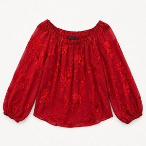 Red Floral Sheer Burnout Velvet Whimsigoth Top Silk Blend M Romantic Ethereal